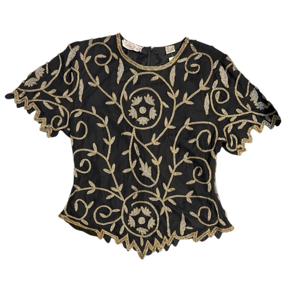 Laurence Kazar Elegant Black and Gold Beaded Top